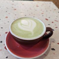Raspberry ripple matcha latte 💚 at Hunter Gatherer in Portsmouth