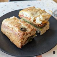 Focaccia - tempeh bacon, cheese and pesto at Hunter Gatherer in Portsmouth