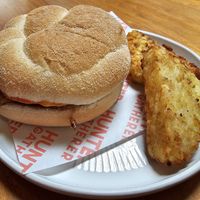 Breakfast bap with hasbrowns at Hunter Gatherer in Portsmouth