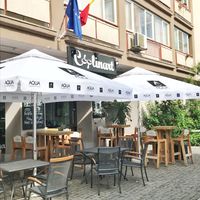 Spacious outdoor patio overlooks grassy treed area.  at Coolinart in Bucharest