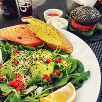 avocado salad and the vegan burger at Coolinart in Bucharest