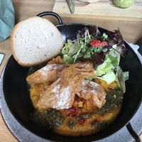 Tofu Omelette with a crispy “bacon" at Vrohstoff in Wurzburg