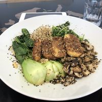 Satay-baked tempeh, wholegrain vermicelli, sesame spinach, shiitake, Pak Choi  at Be The Change - Bake a Difference in Worcester
