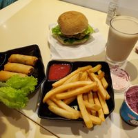 Burger, chips, spring rolls, soy milk and ice cream at Loving Hut - Amoy Plaza in Kowloon