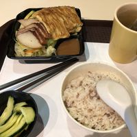Char siu and tofu combo with rice, pickles, and japanese genmaicha at Loving Hut - Amoy Plaza in Kowloon