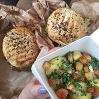 In the box there are kopytka - one of the classic Polish dishes cooked in a vegan way! You can pick your own flavour or sauce out of a choice of three. Behind is the seitan burger and another take on a traditional Polish dish. The fake meat seemed so real! The texture was right on point. at Bezmleczny in Krakow