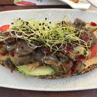 Toast with hummus, avocado, mushrooms, sun-dried tomatos and sprouts at Maiatza in San Sebastian