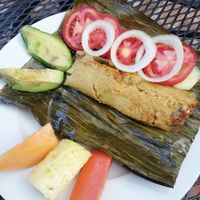 Tamal with veggies instead of bread at Casa de Cafe B&B in Copan Ruinas