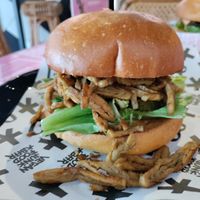 Shawarma sandwich in yummy brioche bread at Vegan Junk Food Bar - Eastside in Amsterdam