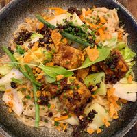 Vegetable Talbos (hand made wheat noodles, vegetables, tofu in a sesame-soy sauce), ordered in advance.  at Pobrecito in Helsinki