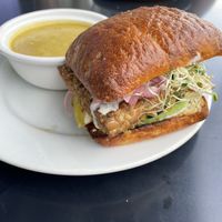 Lentil burger with broccoli soup  at Broadfork Cafe in Seattle