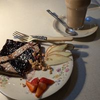 Crostata vegana and half a pint of chai latte. Sorry I had already taken a bite! at Sullaluna in Venice