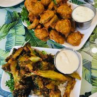 Tempura broccoli and fried pickles, sauces are amazing  at Birch Bark Eatery in Glen Falls