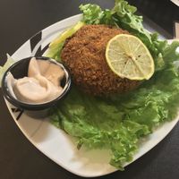 Krabless cake! Best vegan seafood I’ve ever had. The artichokes were just the perfect substitute.  at Birch Bark Eatery in Glen Falls