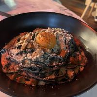 Charcoal Bucatini (with vegan egg)  at Mark & Vinny's Spaghetti & Spritz in Surry Hills
