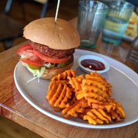 New Spring special: Faux chicken burger with sweet potato chips and tomato sauce at Ruby Lonesome in Petersham