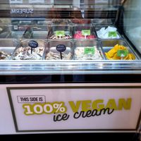 Vegan section in fridge at Oyya in Bruges