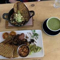 Vegan breakfast, vegan hash + match latte   at Bean There Coffee Shop in Liverpool