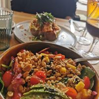 Kimchi toast (back) and happiness bowl (front) at Blackbird in Bruges