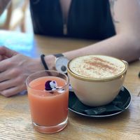 Tchai latte and the blackbird’s brunch juice  at Blackbird in Bruges