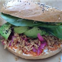 Close-up of bagel. at Blackbird in Bruges