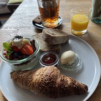 Lazy breakfast with orange juice and Earl Grey tea  at Blackbird in Bruges