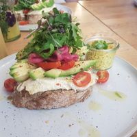 Avocado toast w/ tofu scramble at Blackbird in Bruges