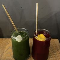 Green and red juices  at Blackbird in Bruges