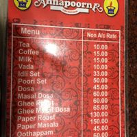 menu at Hotel Annapoorna in Thiruvananthapuram