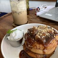 Apple crumble pancakes + chai latte   at Secret Spot - Berawa in Tibubeneng