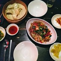 dumplings with dip sauce & glass noodles, kimchi & chilis at Kimchi Princess in Berlin