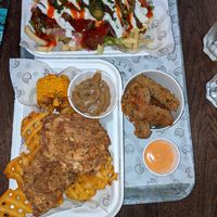 Rear; kebab fries. Front left Colonel Rodgers OG recipe. Front right Frickles at Knaves Kitchen in Leeds