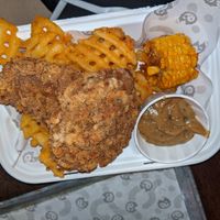 Colonel Rodgers OG recipe (seitan southern fried) with waffle fries at Knaves Kitchen in Leeds