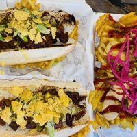 Chilli cheez dogs & Hogtied waffle fries  at Knaves Kitchen in Leeds