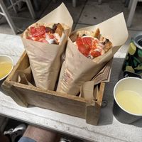 White & Classic souvlaki, organic vegan wine from Lemnos Island (left), lemonade (right)  at Cookoomela Grill in Athens