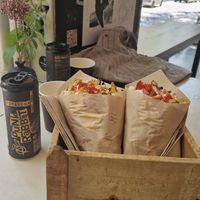 Kombucha and rainbow vegan souvlaki. at Cookoomela Grill in Athens