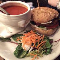 Vegan vegetarian 78 classic burger with tomato basil soup at The 78 in Glasgow