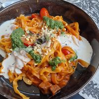 Noodles with tofu tomatoes and vegan cheese  at Brunner in Schladming