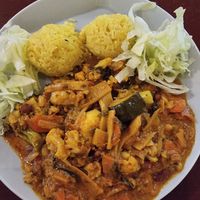 Coconut curry with rice at Chutney in Stockholm