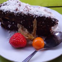 Raw coconut and chocolate cake at Chutney in Stockholm