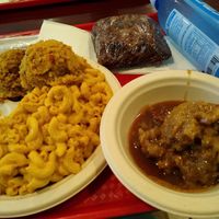 Mac and cheese, cornbread dressing, bread pudding and brownie at Sweet Soulfood in New Orleans