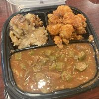 Bread pudding ( < 3) with bbq cauliflower and okra gumbo  at Sweet Soulfood in New Orleans