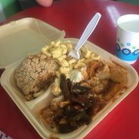 Chickpea cake, Mushroom ragu with creamy grits, Mac N cheese = FULL and   at Sweet Soulfood in New Orleans