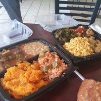 left - okra stew, white beans, yams and jambalaya.
right - mac, collard greens, fried shrooms and jerk cauli (a highlight) at Sweet Soulfood in New Orleans