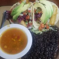 Vegan fish tacos, black beans, corn soup DELICIOUS at Tequila Blue Agave in Lincoln City