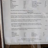 Vegan section of the menu at Gotham in Wellington