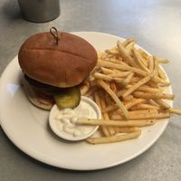 Lentil burger with fries  at Gotham in Wellington