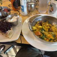 1/2 Oder of blueberry pancakes and 1/2 order Breakfast Your Way Farmer’s skillet (split orders with vegan daughter)   at Simon's Coffee House in Sarasota