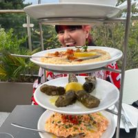 Vegan goodies, (stuffed vine leaves, hummus, flat bread,) and one veggie dish for my bf (feta spicy dip)  at The Real Greek in Bournemouth