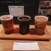 Flight of craft beer - Old Skool IPA, Bari-Bari Porter, and Sucker Punch Dry Hop Sour Ale at Kyoto Beer Lab in Kyoto
